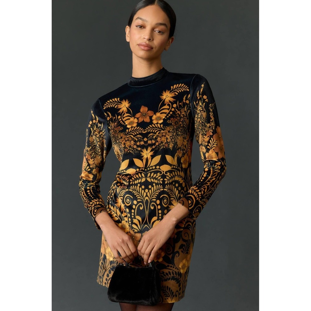 By Anthropologie Long Sleeve Printed Velvet Mini Dress Black Yellow Motif S NWT‎